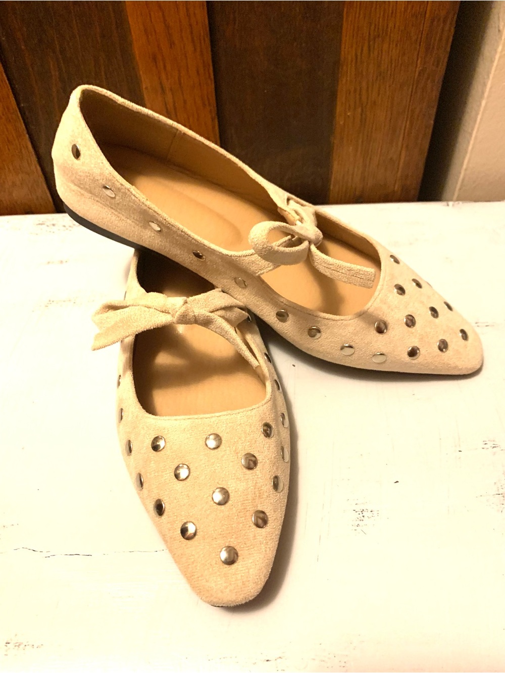 Beige Studded Suede Bow Pointed-Toe Flats - Women's Shoes